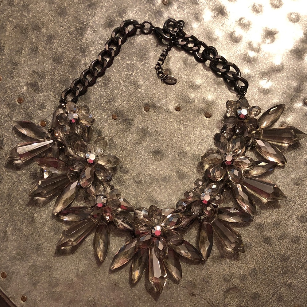 Zara Statement Floral Crystal Necklace in Smoky Gray